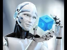 images -- a nice looking robot with ai holding a cube