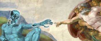 A Blue Robot and a God touching each other