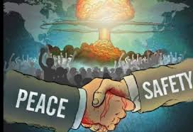 2.) A.) Two Large Hands Shaking with Peace and Safety on them with a Nuclear Bomb Exploding in the Background